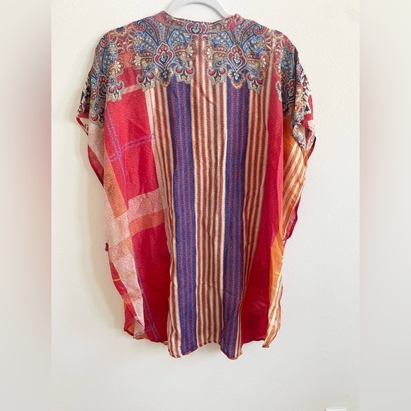Johnny Was Red Orange Paisley abstract printed multi color silk Poncho M - Picture 8 of 9